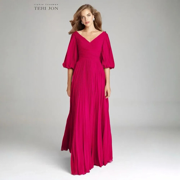 Rickie Freeman for Teri Jon V-Neck Puff Sleeve Pleated Chiffon Gown Pink Plus 22 - Picture 1 of 5